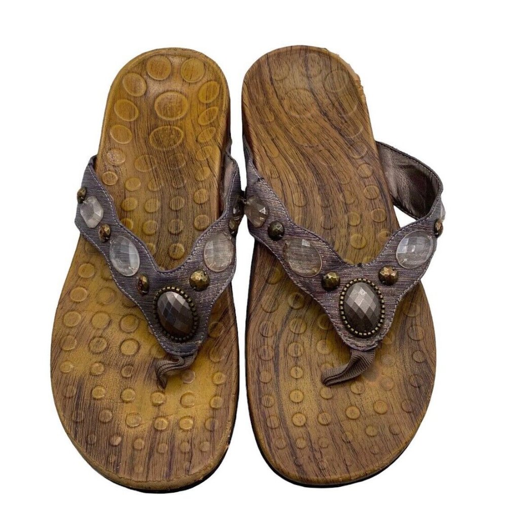 Vionic Orthaheel 8.5 / 9 Sandals Flip Flops Thongs Beaded Tan Brown Orthotic